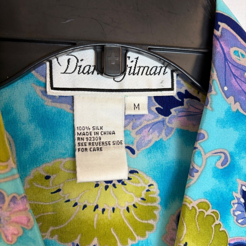 NWT Diane Gilman Silk Sequin Floral Paisley Button Up Shirt Blue Womens Medium - Picture 2 of 6